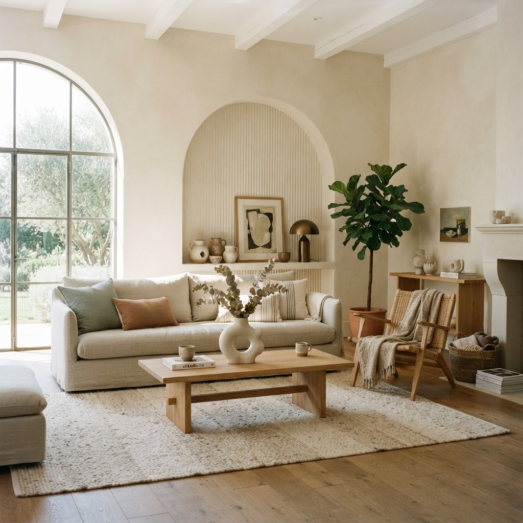 Sunlit modern living room with linen sofa, natural oak furniture, and warm neutral styling